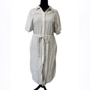 A New Day Linen Blend Striped Shirt Dress Belted Button Front Size M (Fits L)